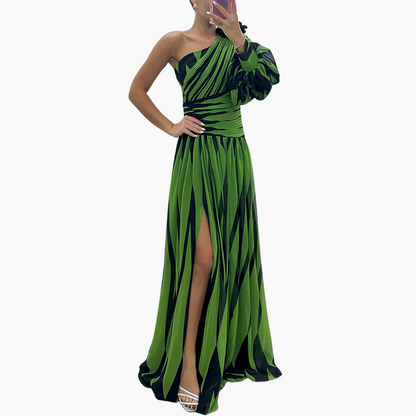Vestido Maxi de Un Hombro con Rayas | Elegante Vestido de Noche con Abertura