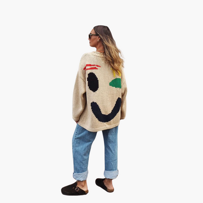 Suéter Oversize con Estampado de Cara de Mujer | Top Casual de Punto