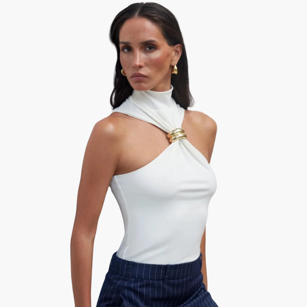 Damskie Top Z Dekoltem Typu Halter | Szykowny Wysoka Szyja Złotymi Detalami Top