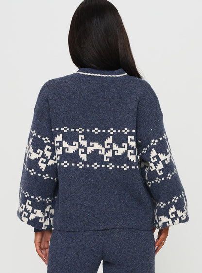 Women's Blue-Cream Patterned Knit Sweater