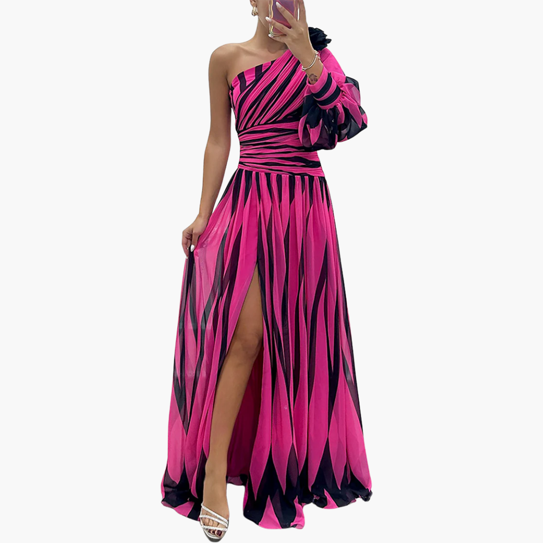 Vestido Maxi de Un Hombro con Rayas | Elegante Vestido de Noche con Abertura