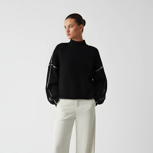 Women's Oversized Knit Sweater with Neck Imitation