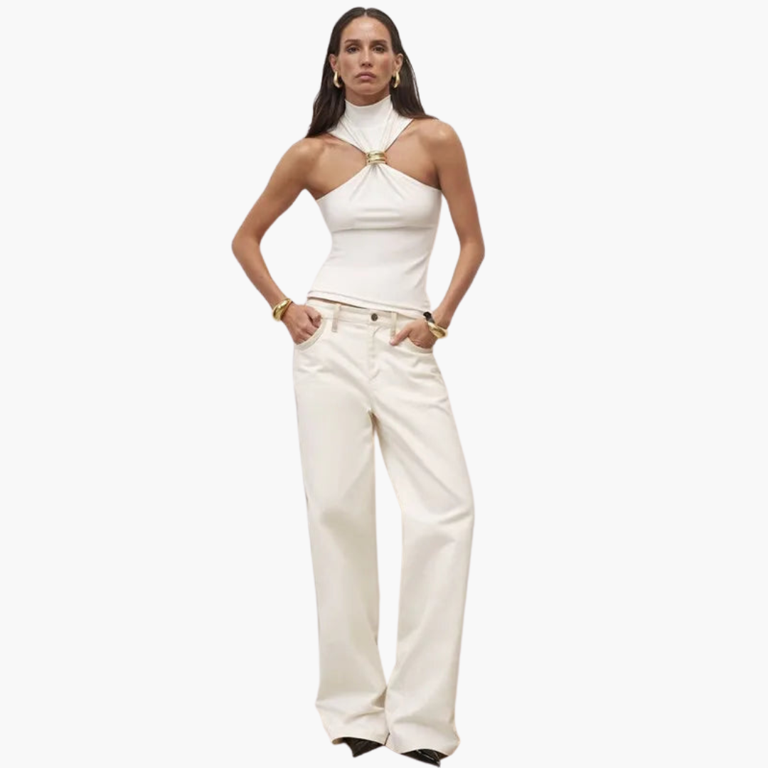 Damskie Top Z Dekoltem Typu Halter | Szykowny Wysoka Szyja Złotymi Detalami Top