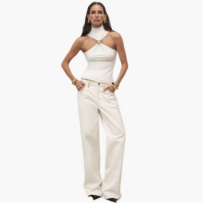 Damskie Top Z Dekoltem Typu Halter | Szykowny Wysoka Szyja Złotymi Detalami Top