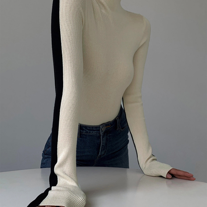 Damski Dwukolorowy Wąski Sweter z Dzianiny z Golfem