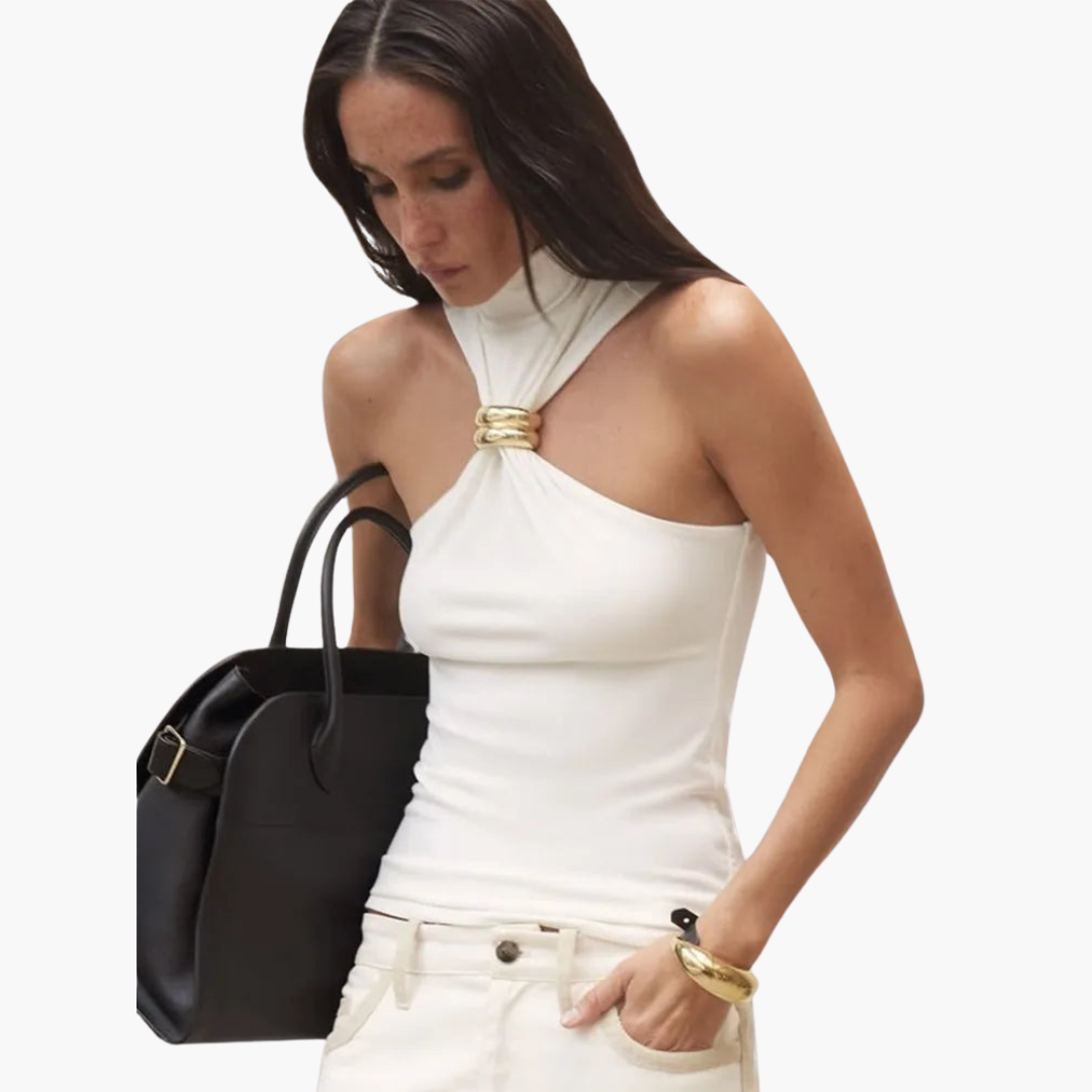 Damskie Top Z Dekoltem Typu Halter | Szykowny Wysoka Szyja Złotymi Detalami Top