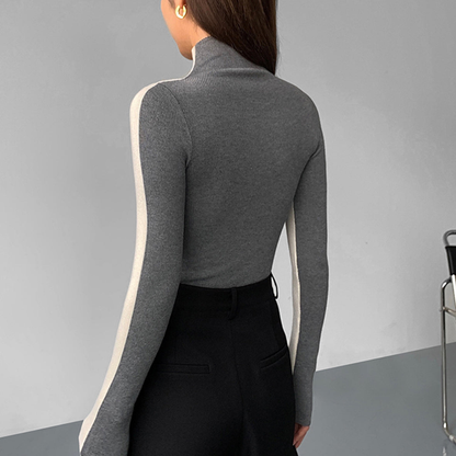 Damski Dwukolorowy Wąski Sweter z Dzianiny z Golfem