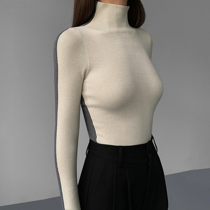 Damski Dwukolorowy Wąski Sweter z Dzianiny z Golfem