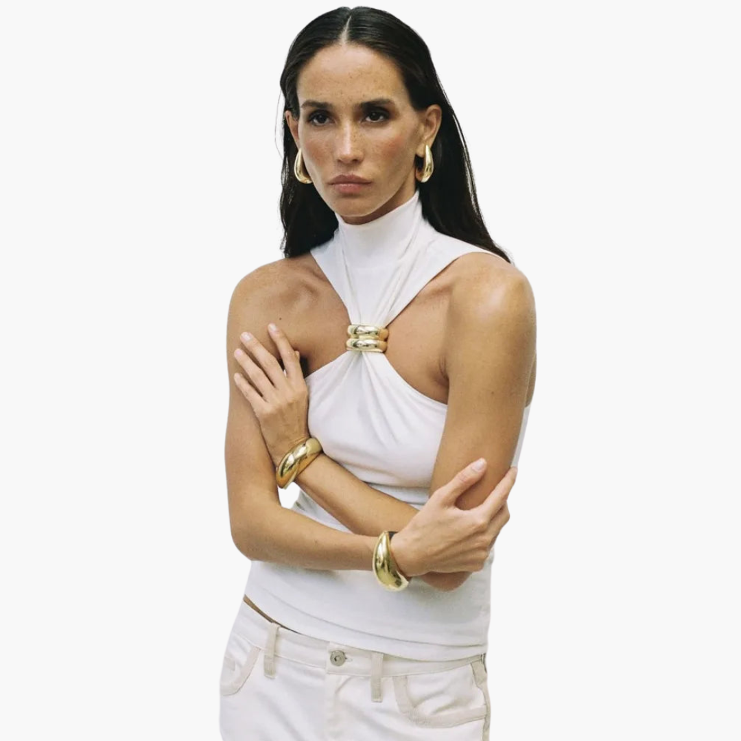 Damskie Top Z Dekoltem Typu Halter | Szykowny Wysoka Szyja Złotymi Detalami Top