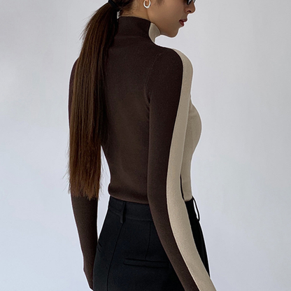 Damski Dwukolorowy Wąski Sweter z Dzianiny z Golfem