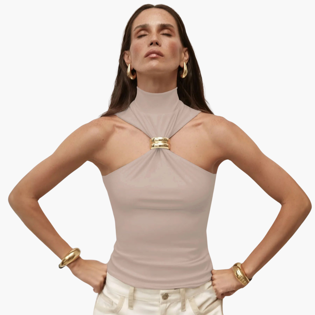 Damskie Top Z Dekoltem Typu Halter | Szykowny Wysoka Szyja Złotymi Detalami Top