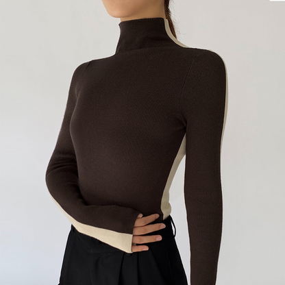 Damski Dwukolorowy Wąski Sweter z Dzianiny z Golfem