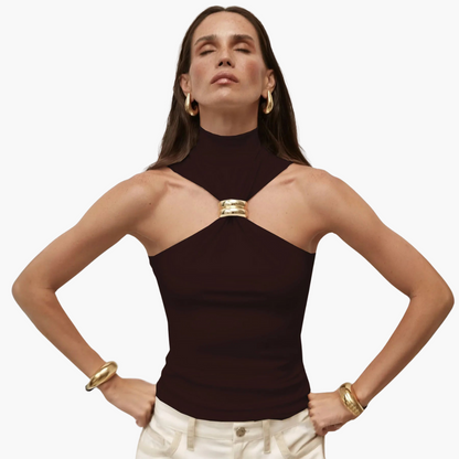 Damskie Top Z Dekoltem Typu Halter | Szykowny Wysoka Szyja Złotymi Detalami Top