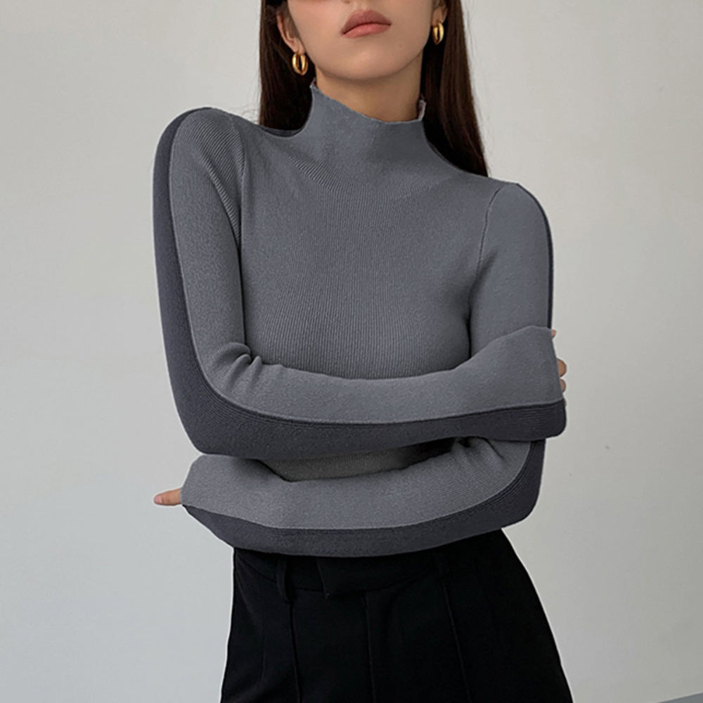 Damski Dwukolorowy Wąski Sweter z Dzianiny z Golfem