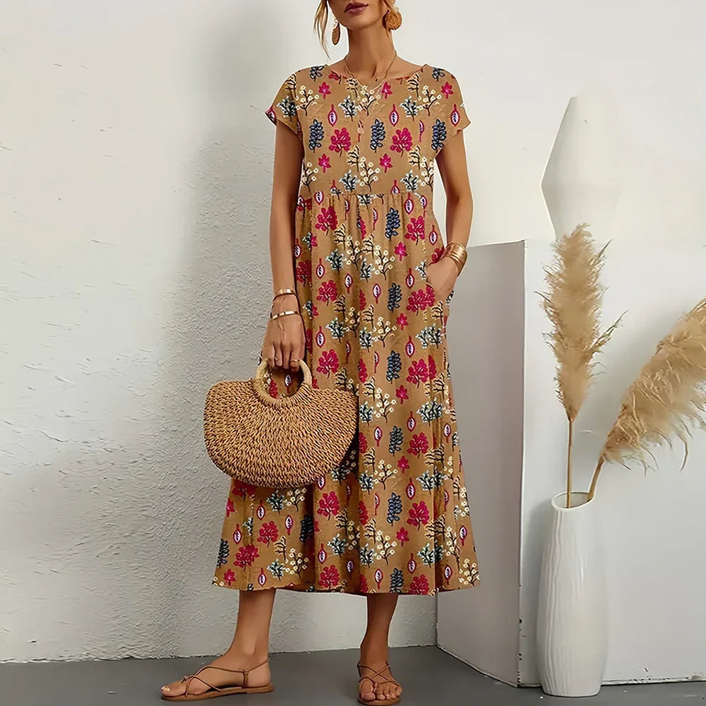 Robe midi décontractée pour femme en mélange de coton et de lin, à manches cape et col rond