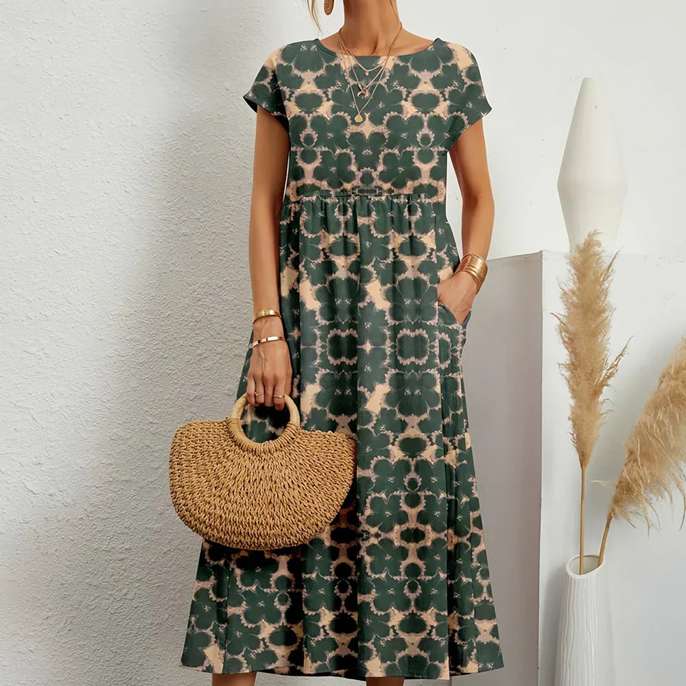 Robe midi décontractée pour femme en mélange de coton et de lin, à manches cape et col rond