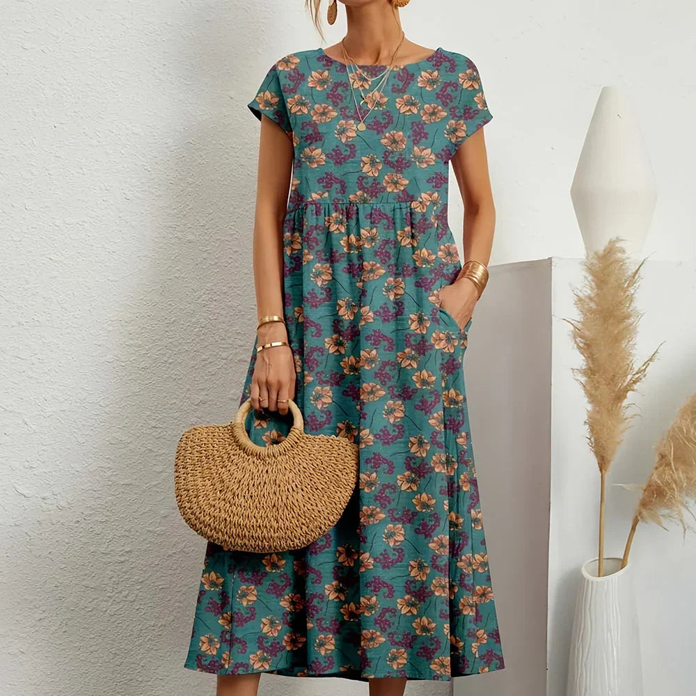 Robe midi décontractée pour femme en mélange de coton et de lin, à manches cape et col rond
