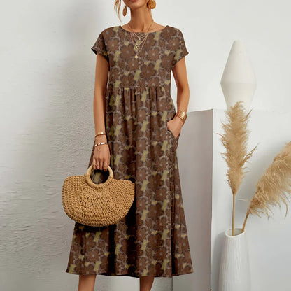 Robe midi décontractée pour femme en mélange de coton et de lin, à manches cape et col rond