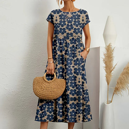 Robe midi décontractée pour femme en mélange de coton et de lin, à manches cape et col rond