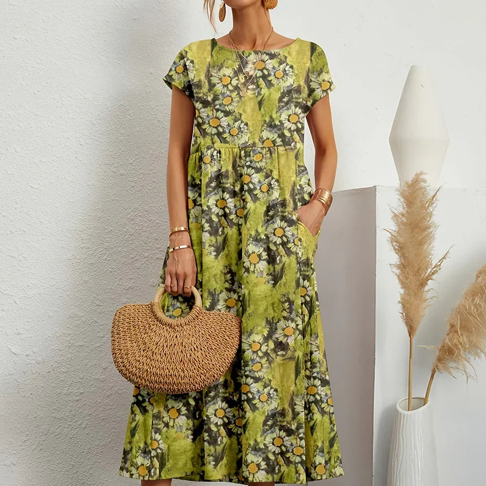 Robe midi décontractée pour femme en mélange de coton et de lin, à manches cape et col rond