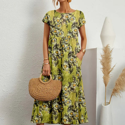 Robe midi décontractée pour femme en mélange de coton et de lin, à manches cape et col rond