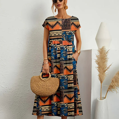 Robe midi décontractée pour femme en mélange de coton et de lin, à manches cape et col rond