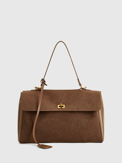 Suede Shoulder Bag with Structured Flap and Leather Trim