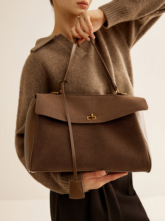 Suede Shoulder Bag with Structured Flap and Leather Trim
