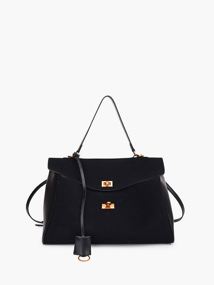 Suede Shoulder Bag with Structured Flap and Leather Trim