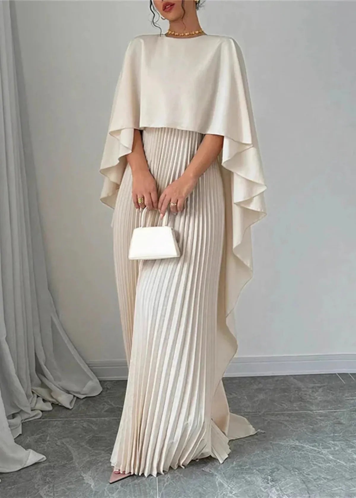 Women's Cape Overlay Maxi Dress | Pleated Wedding Guest Style