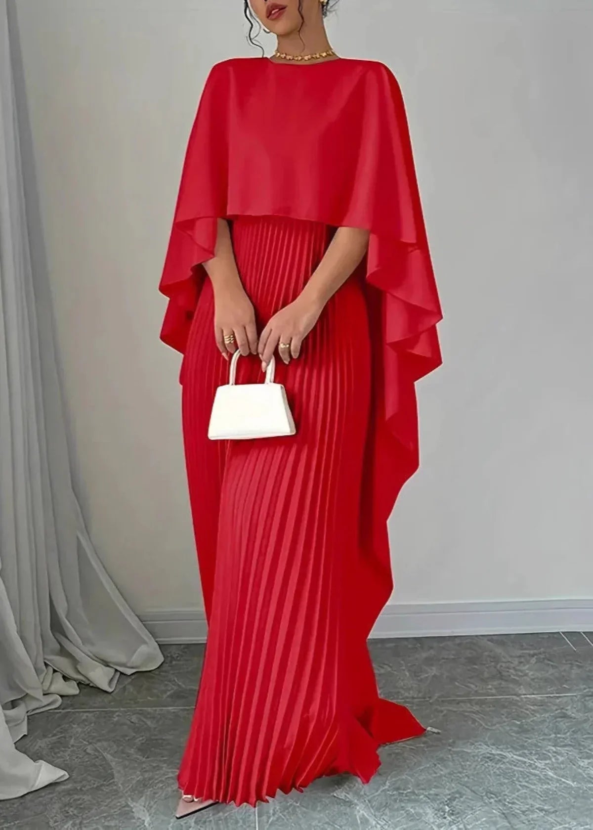 Women's Cape Overlay Maxi Dress | Pleated Wedding Guest Style