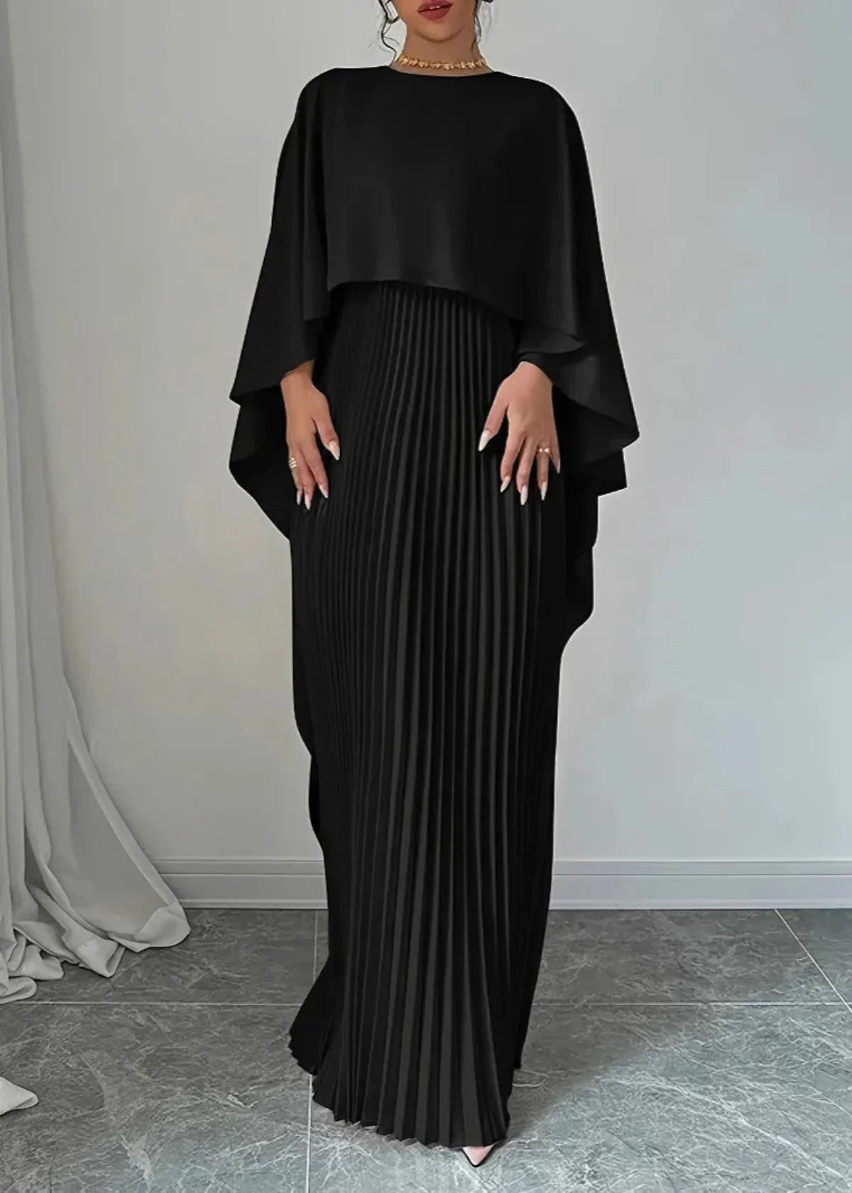 Women's Cape Overlay Maxi Dress | Pleated Wedding Guest Style