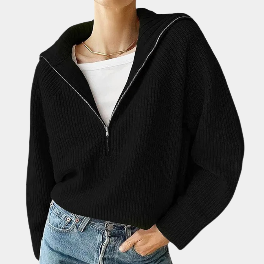 Women's Ribbed Cotton Zipper Sweater | Loose Fit