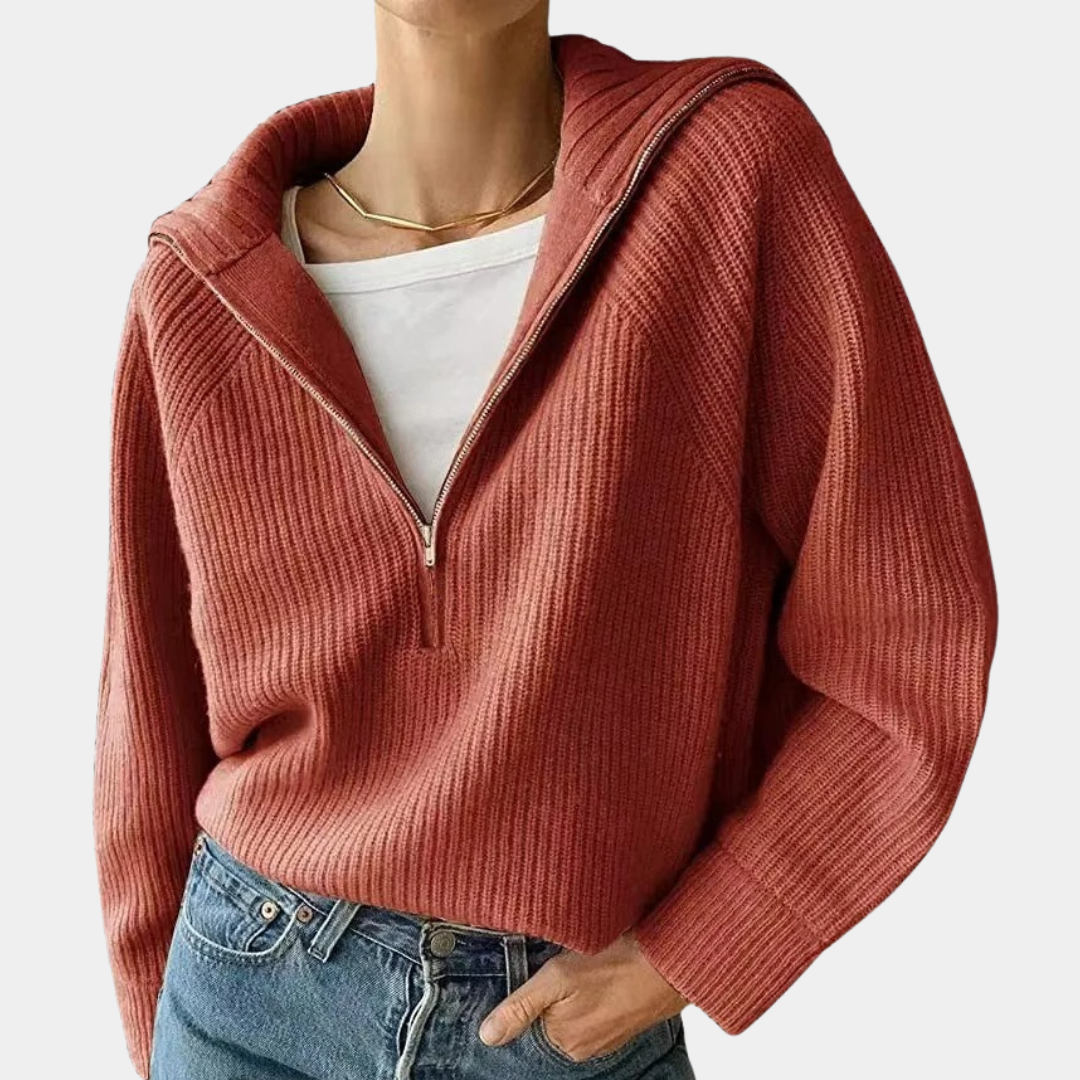 Women's Ribbed Cotton Zipper Sweater | Loose Fit