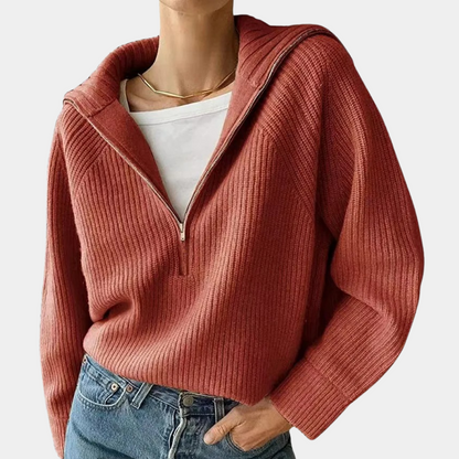 Women's Ribbed Cotton Zipper Sweater | Loose Fit