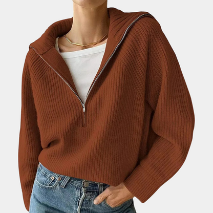 Women's Ribbed Cotton Zipper Sweater | Loose Fit