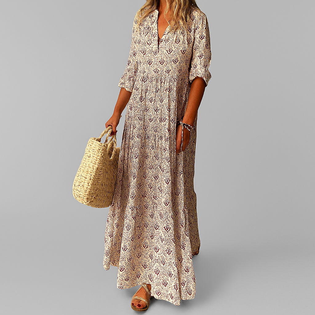 Robe maxi femme en mélange de coton imprimé | Style aérien avec décolleté en V