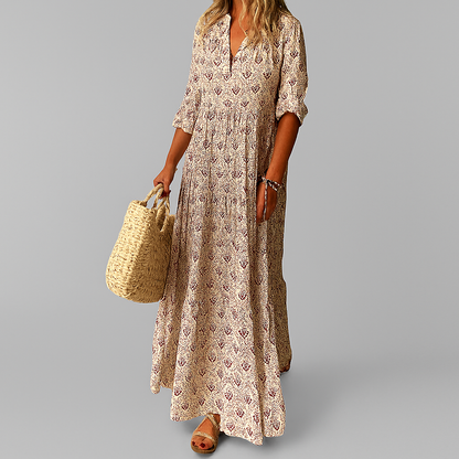 Robe maxi femme en mélange de coton imprimé | Style aérien avec décolleté en V
