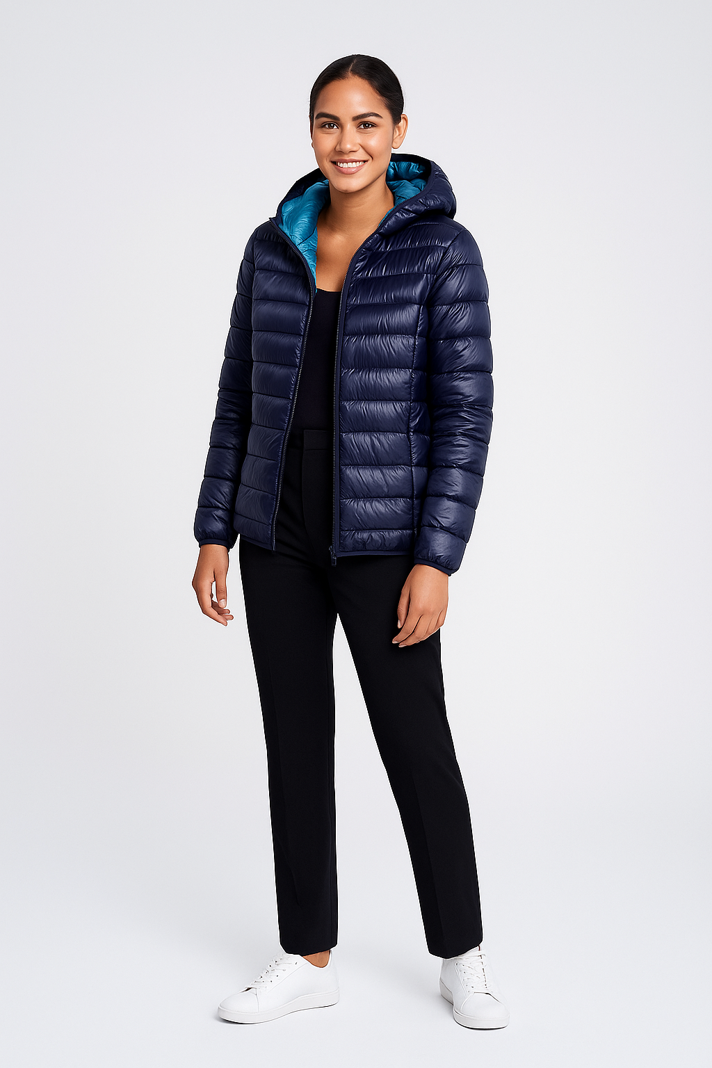 Chaqueta reversible para mujer con capucha para primavera e invierno