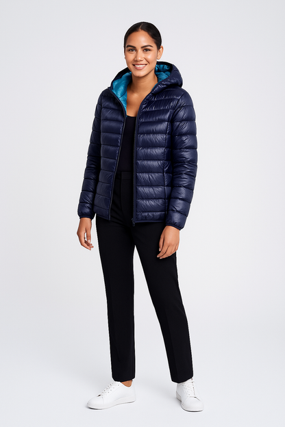 Chaqueta reversible para mujer con capucha para primavera e invierno