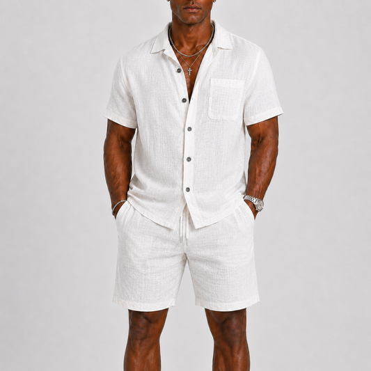 Conjunto masculino de pantalones cortos de mezcla de lino | Atuendo de verano de dos piezas