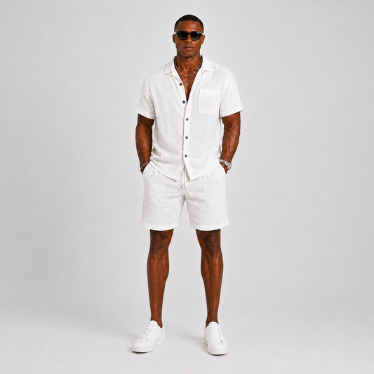 Conjunto masculino de pantalones cortos de mezcla de lino | Atuendo de verano de dos piezas