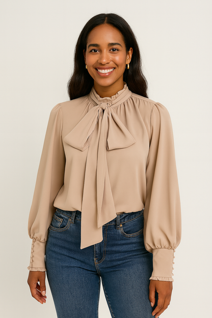 Blusa elegante de mujer con lazo en el cuello