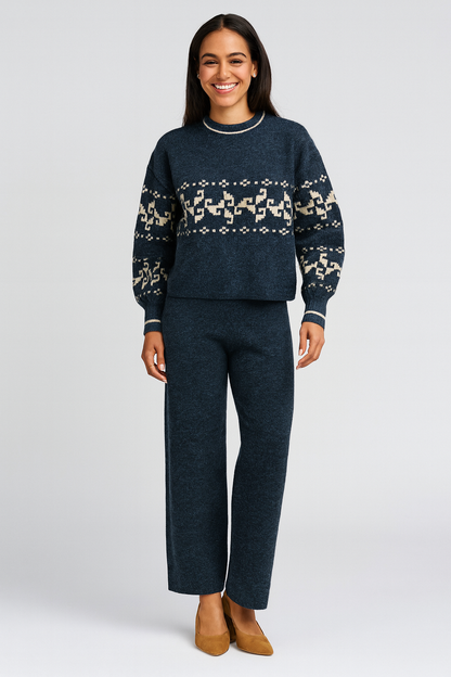 Women's Blue-Cream Patterned Knit Sweater