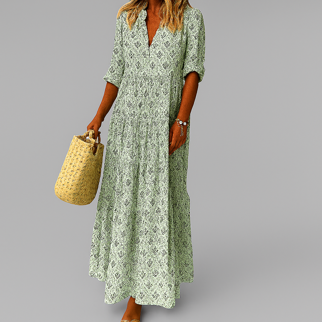 Robe maxi femme en mélange de coton imprimé | Style aérien avec décolleté en V