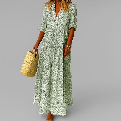 Robe maxi femme en mélange de coton imprimé | Style aérien avec décolleté en V