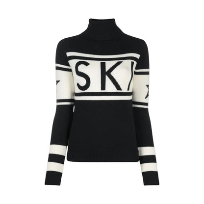 Women's Turtleneck Sweater Made of Wool Blend with Modern Graphic Design
