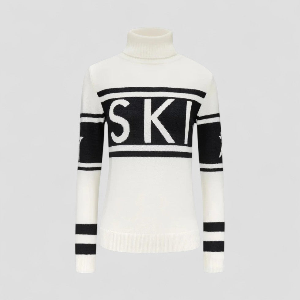 Women's Turtleneck Sweater Made of Wool Blend with Modern Graphic Design