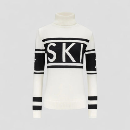 Women's Turtleneck Sweater Made of Wool Blend with Modern Graphic Design