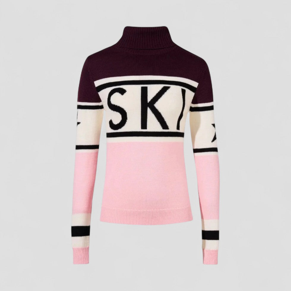 Women's Turtleneck Sweater Made of Wool Blend with Modern Graphic Design